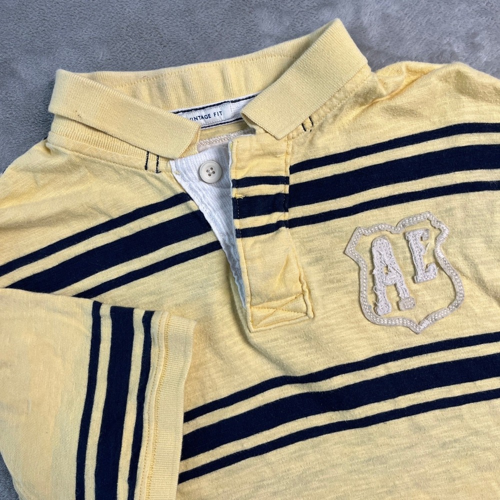 American Eagle Y2K Mens Large Yellow Navy Striped Vintage Fit Polo Shirt Logo